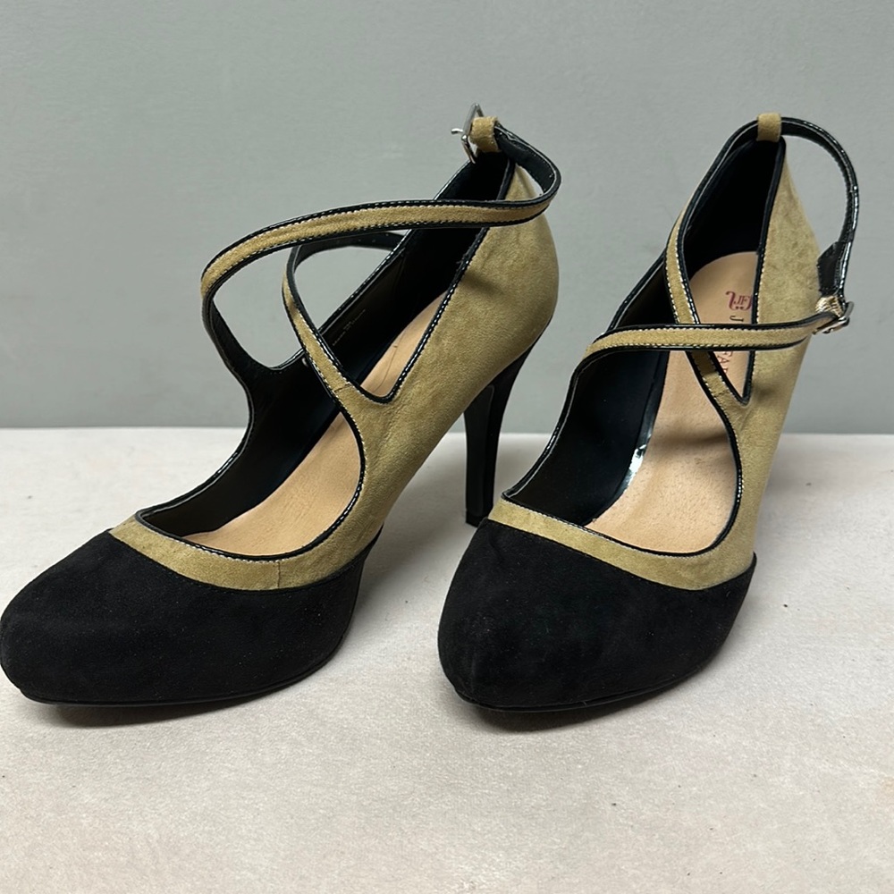 Just fab, tan and black suede, close toe heels with a strap. size 9.